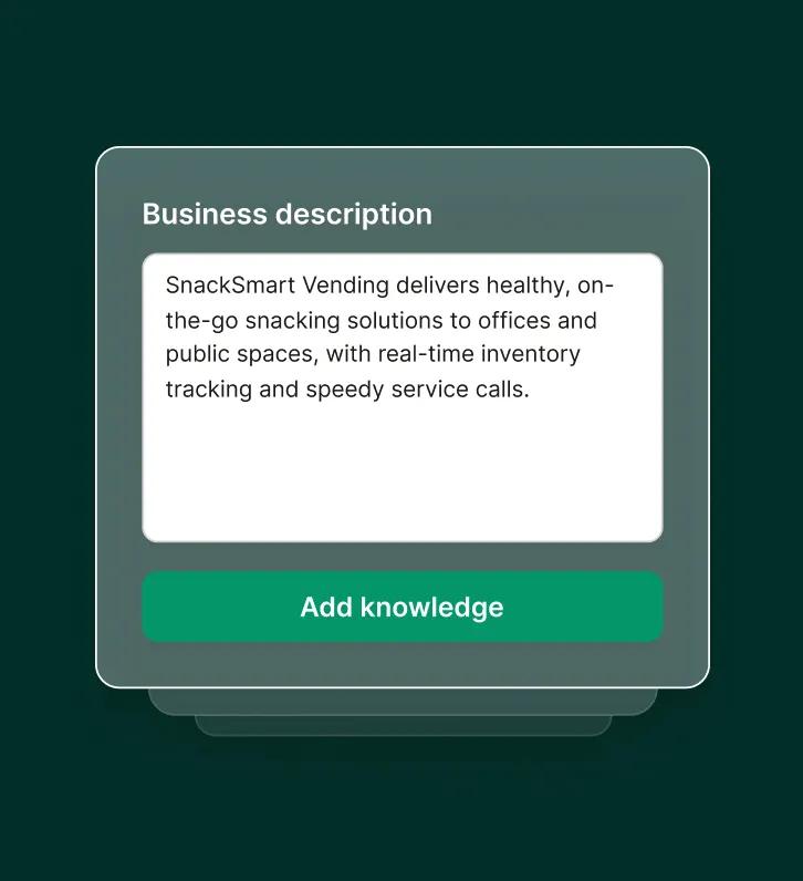 A dashboard screen shows a business description being added during setup for a vending machine answering service.