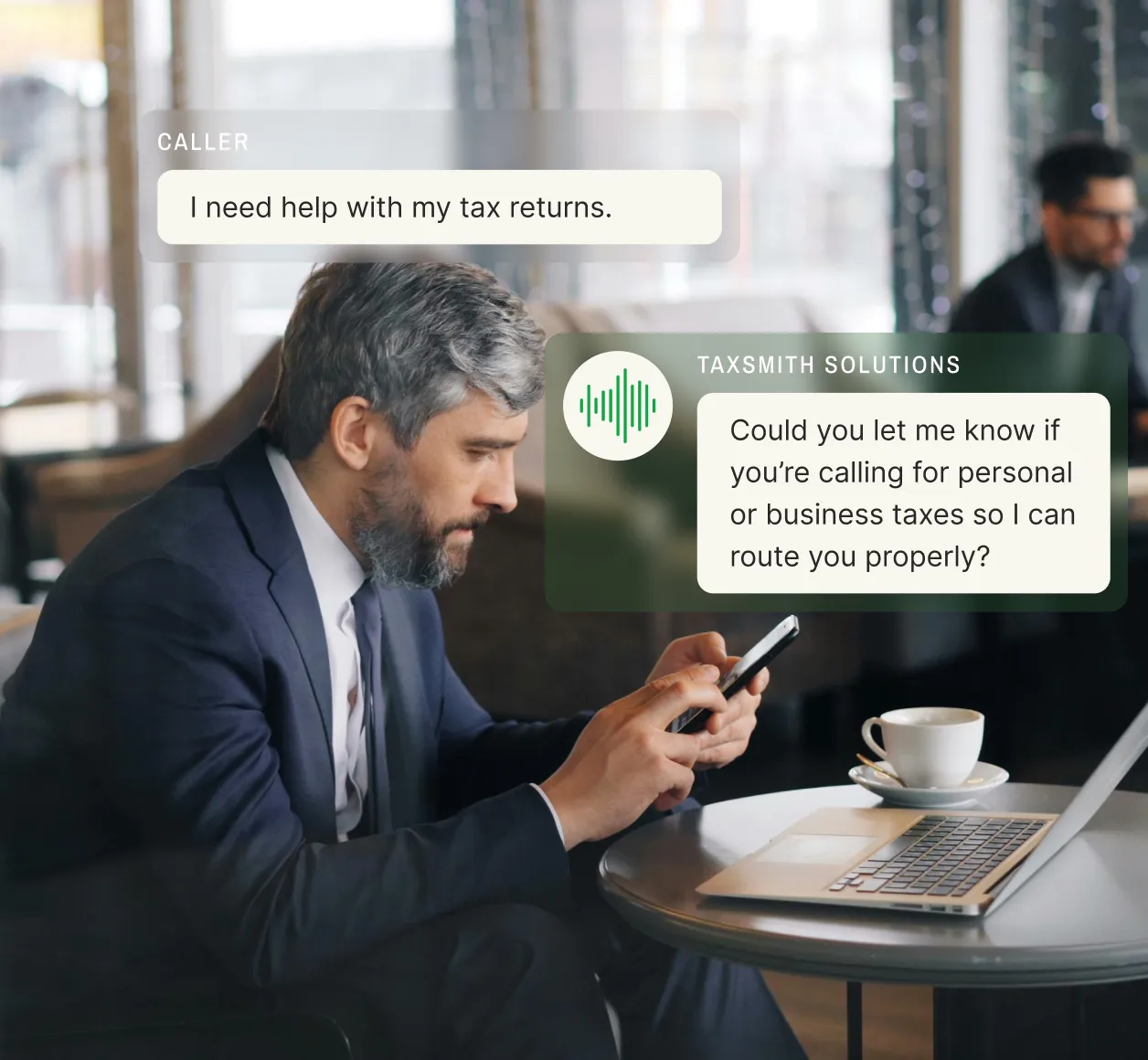 A caller asks for assistance with tax returns, and the call screening agent clarifies whether the query is for personal or business taxes, demonstrating professional telephone call screening.