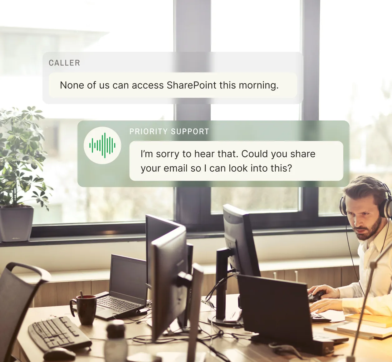 An IT company gets a call from a frustrated user. Their message taking service asks for their email.