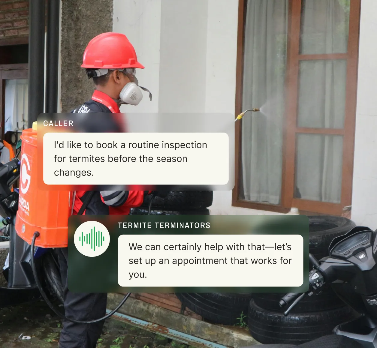 An after-hours pest control answering service assisting a customer with DIY products for minor bug issues, highlighting the convenience of store and online options