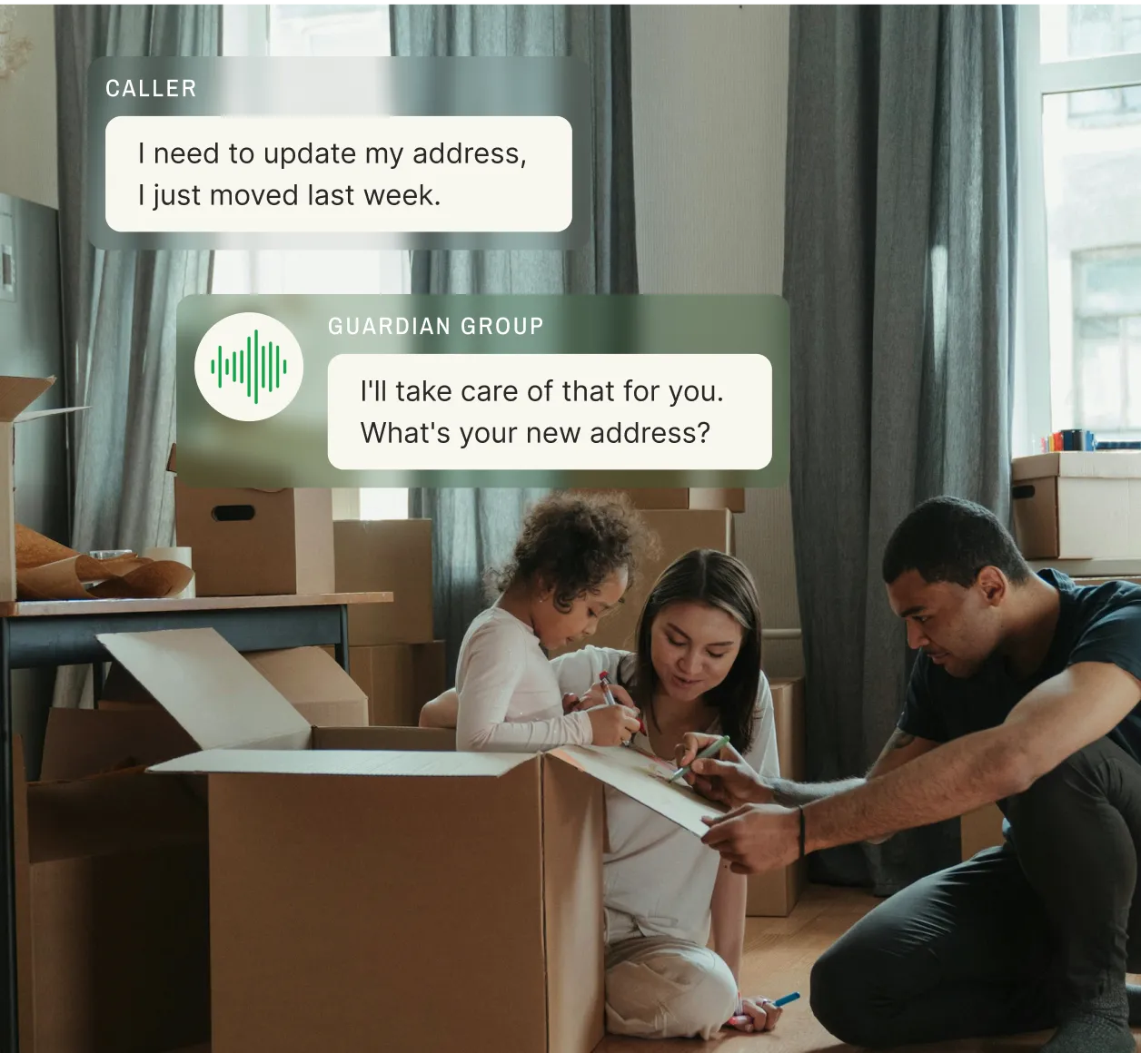 Insurance assessor answering service handling address update request for moving family, demonstrating Guardian Group's efficient answering service for insurance agents
