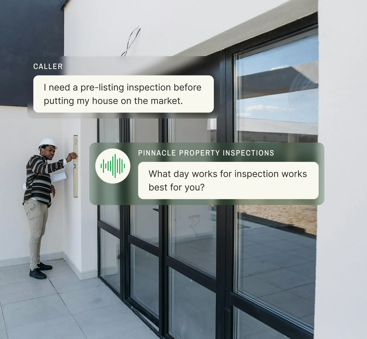 A home inspector talks to a client about a pre-listing inspection while the answering service schedules the appointment.