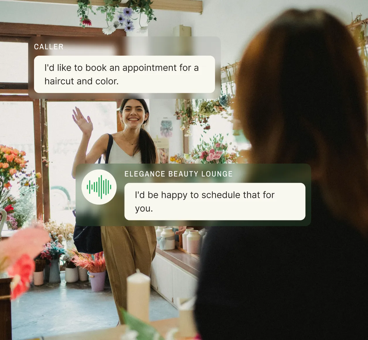 A customer scheduling a haircut and color appointment through an inbound answering service at a beauty salon.