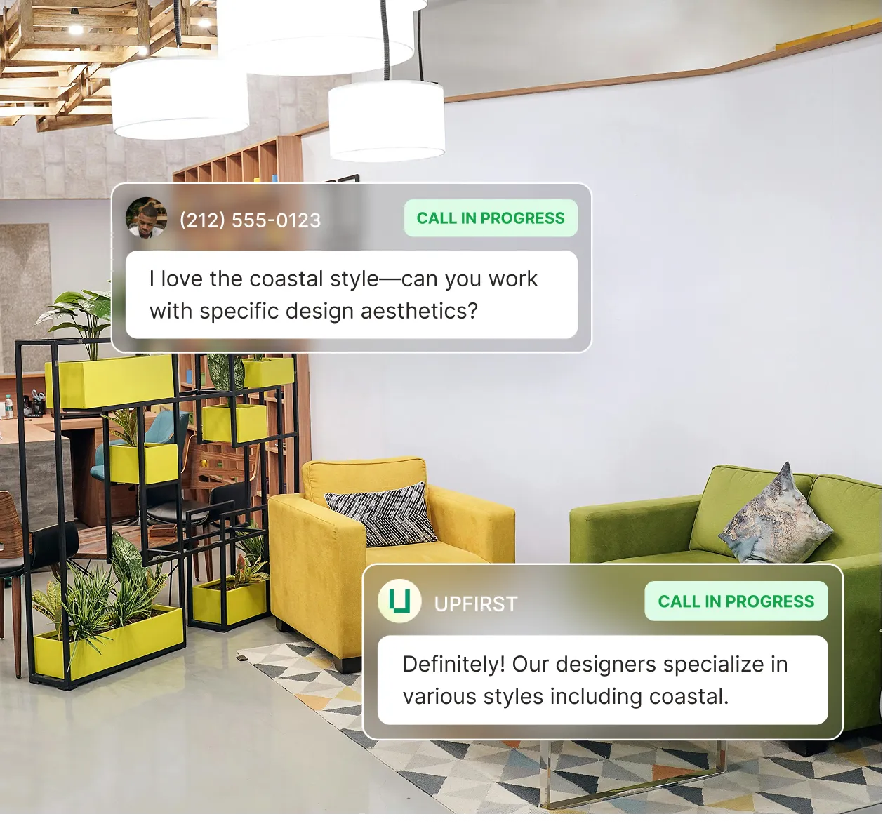 Interior designer answering service confirming specialization in coastal and various design aesthetics