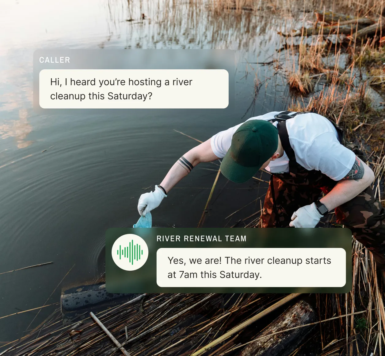 A volunteer cleans a riverbank while a caller asks about an event, and the phone service for nonprofit organizations confirms the time.