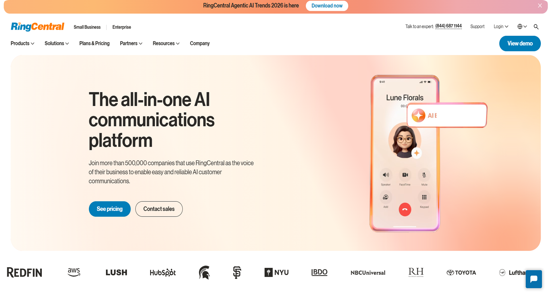 RingCentral all-in-one AI communications platform homepage - a leading small business VoIP solution with 500,000+ customers