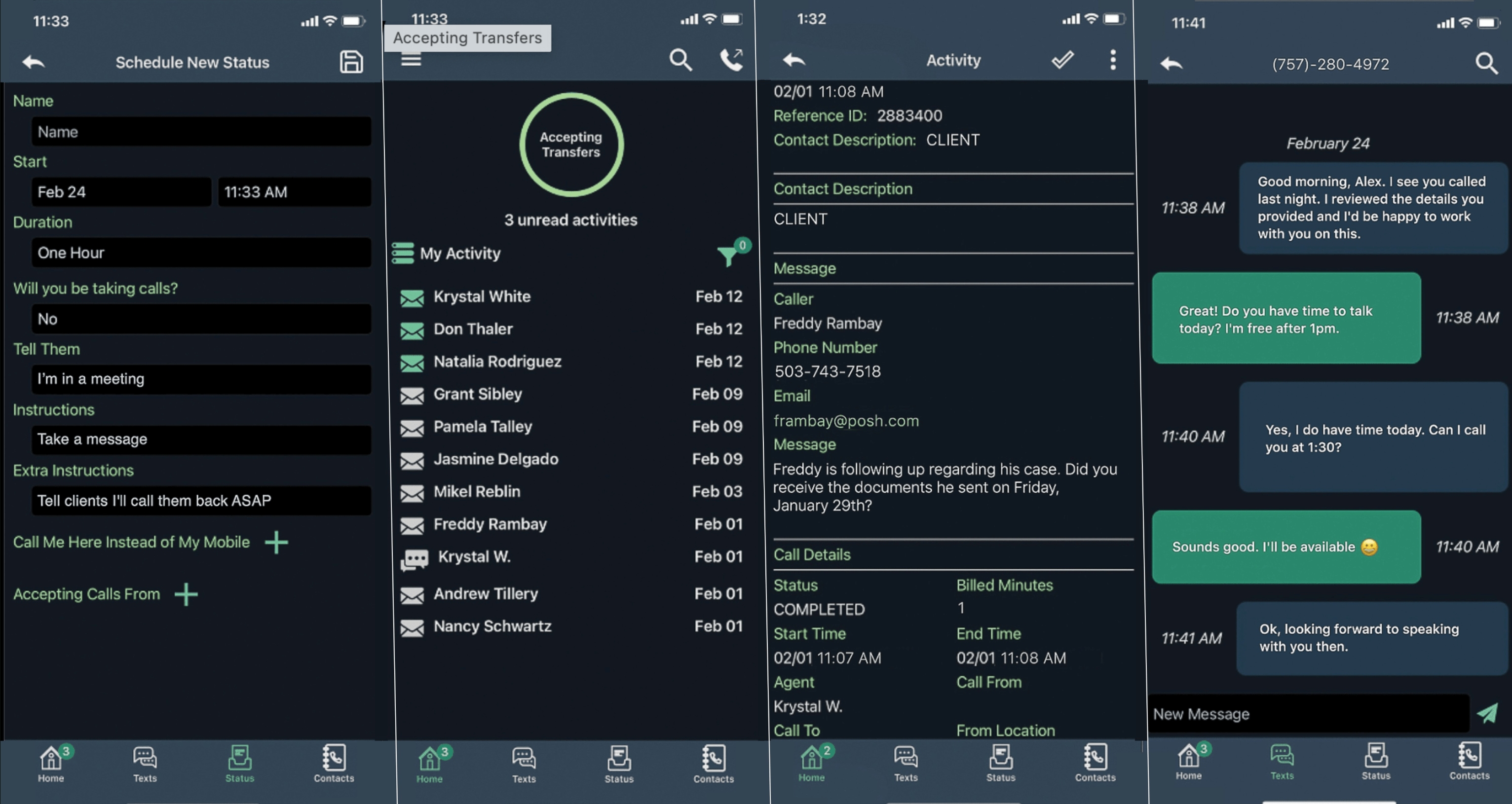 Posh mobile app screens for setting a status, accepting transfers, reading a call message, and texting a client