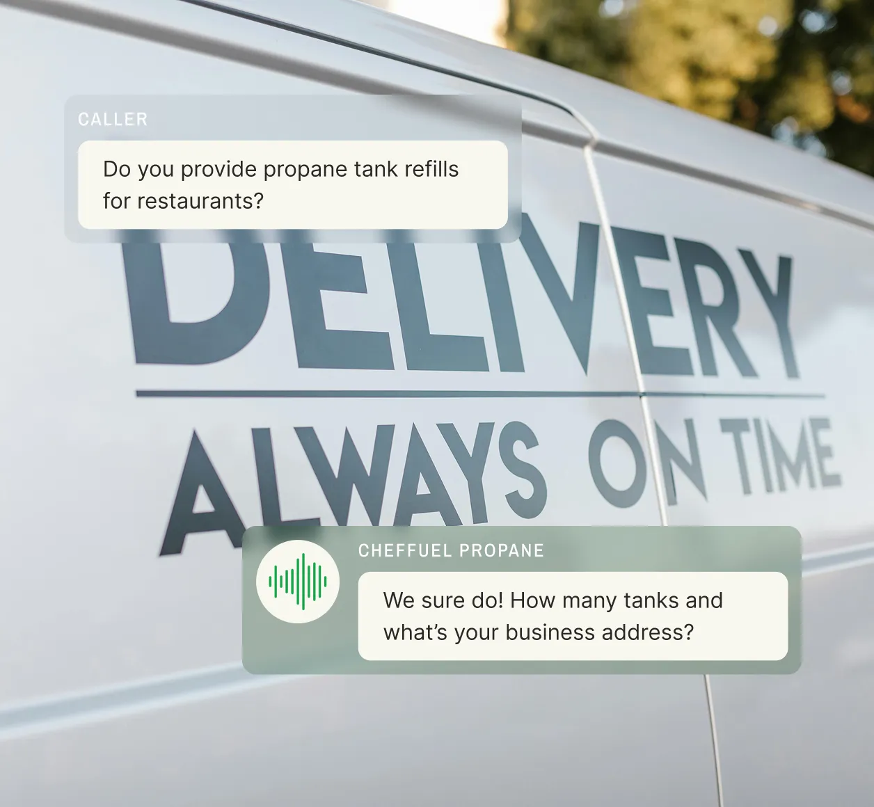 Chat screen from an answering service for propane providers confirms restaurant tank refills and asks for tank count and business address in message boxes.