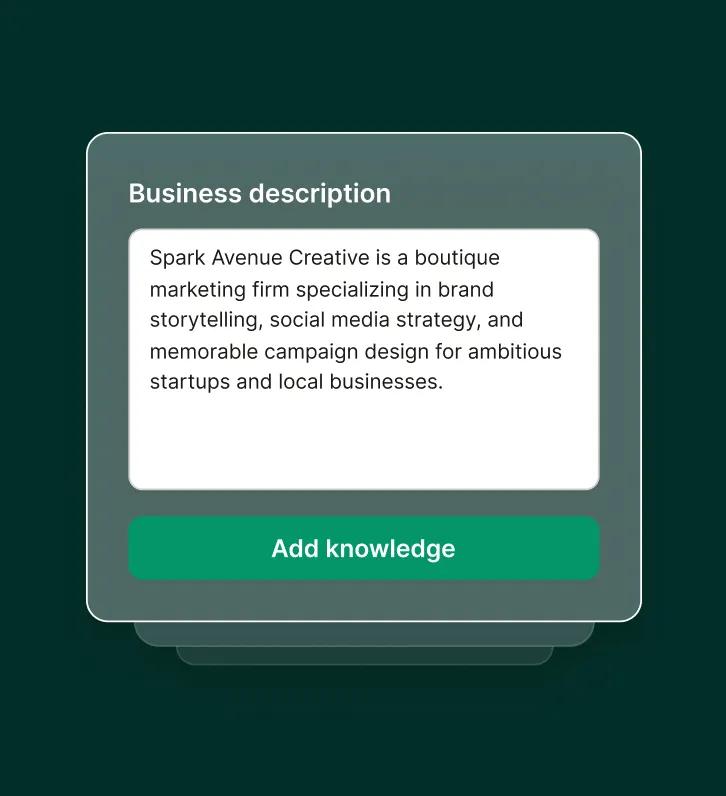 A business profile is added to an answering service for a marketing agency, including details on social media and campaign strategy.
