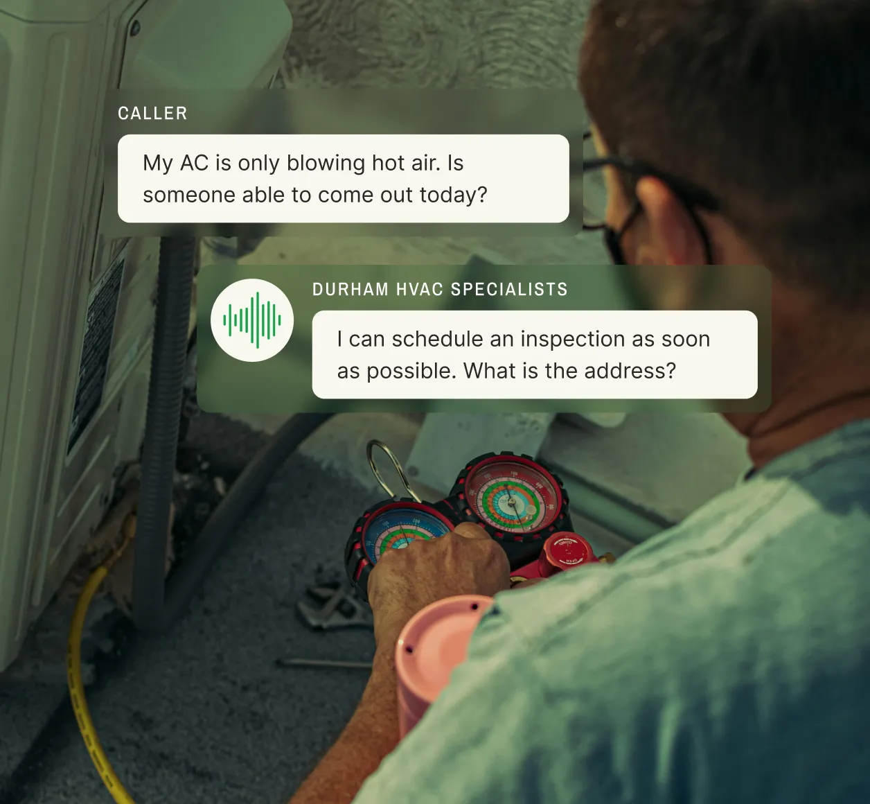 HVAC technician checking system gauges while Durham HVAC Specialists' answering service coordinates an urgent AC repair appointment for hot air issues