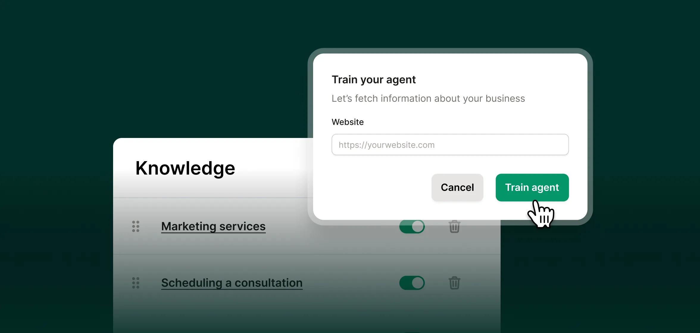 A form allows users to train an answering service for social media marketing companies by entering their website to fetch business info.