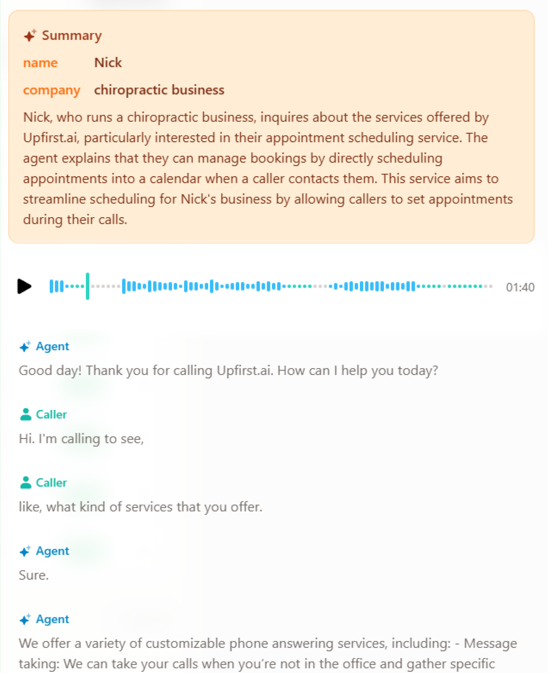 A phone call transcript of a chiropractic business owner inquiring about appointment scheduling services.