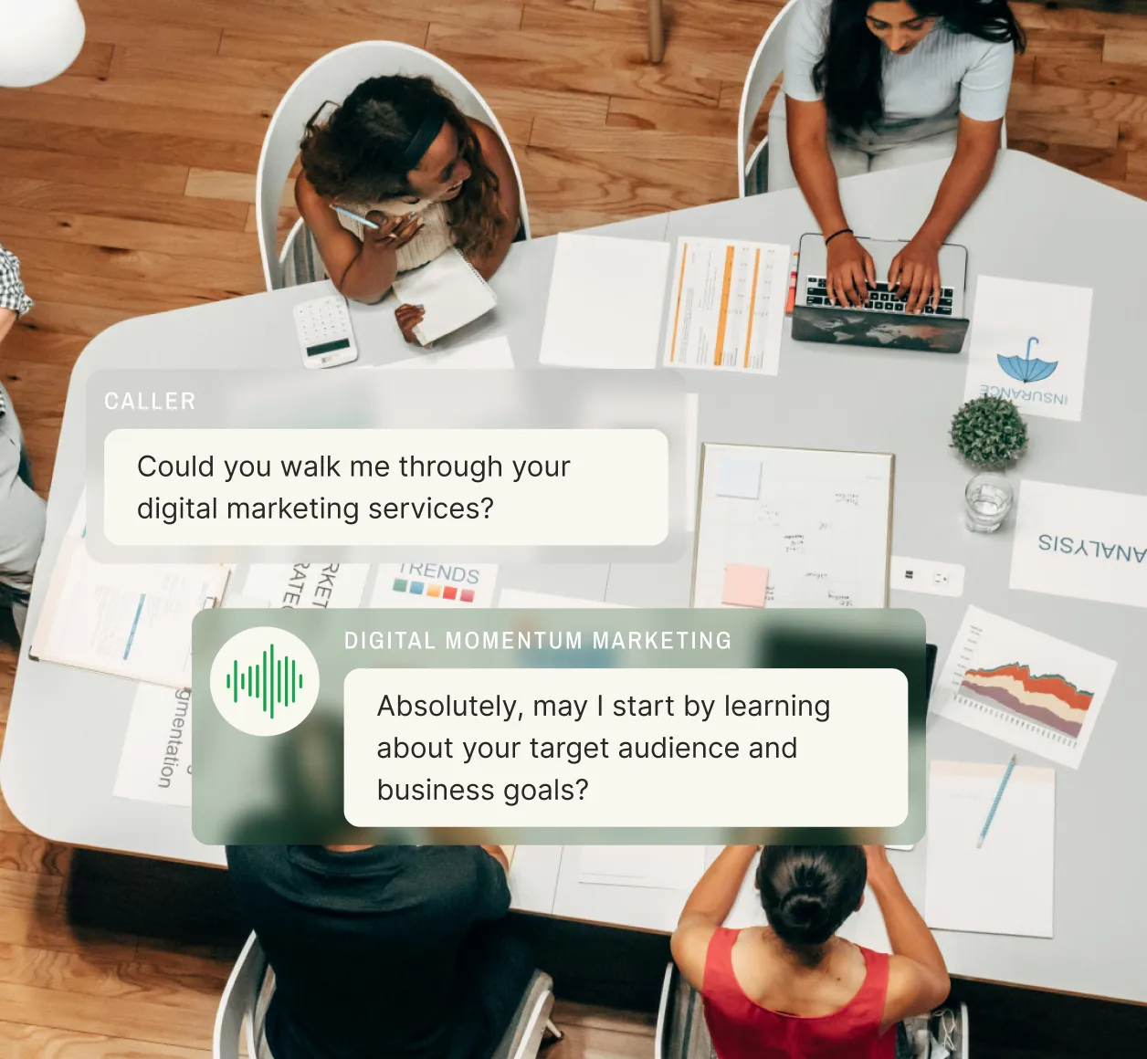 A representative at a small business call center discusses digital marketing services with a potential client.