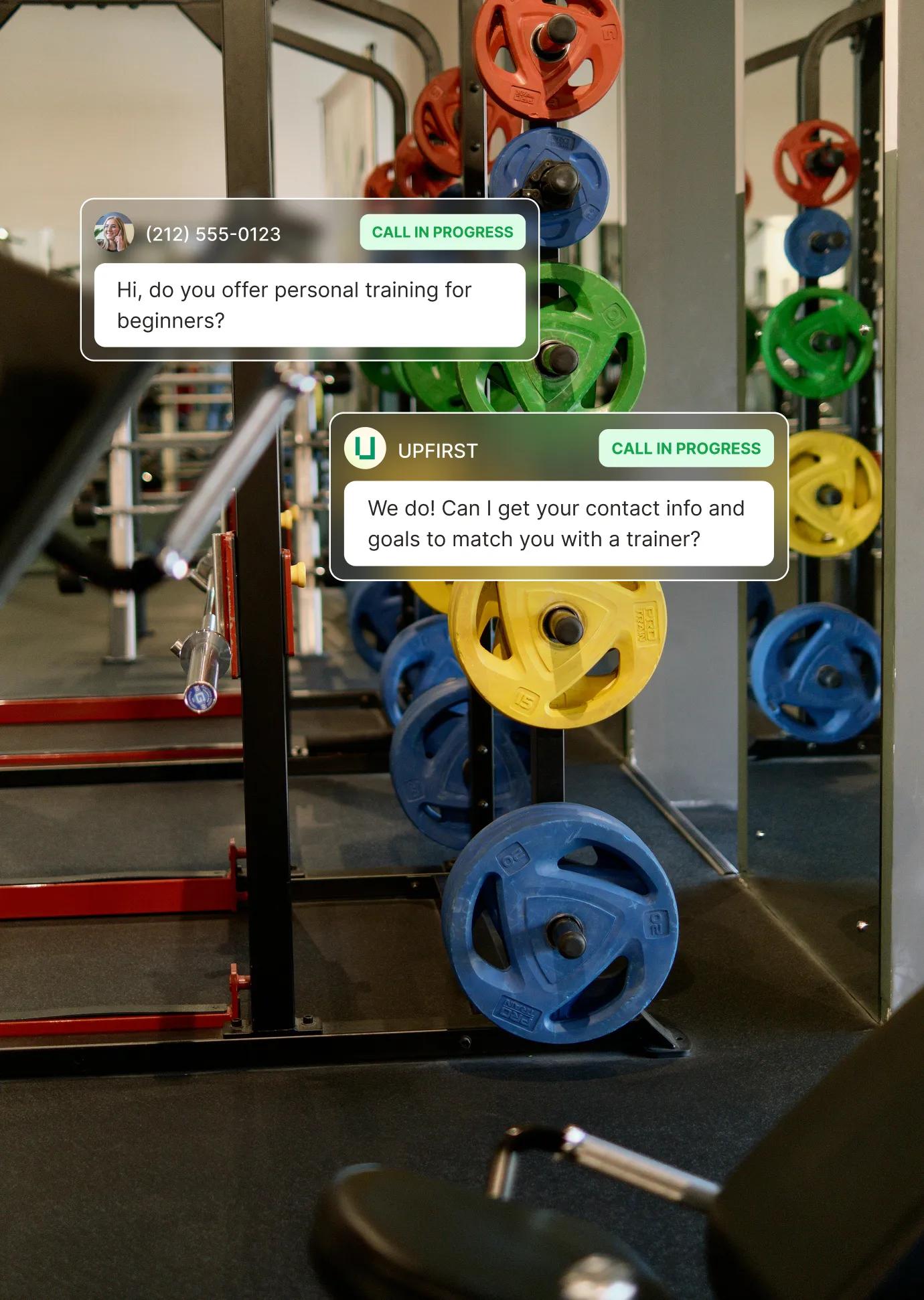 Gym answering service feature image showing a caller asking about personal training and receiving assistance with trainer matching.