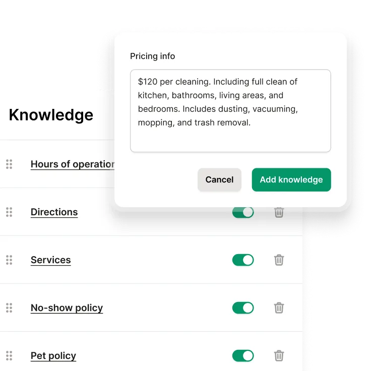AI receptionist knowledge base setup screen displaying editable topics like hours of operation, directions, and services.
