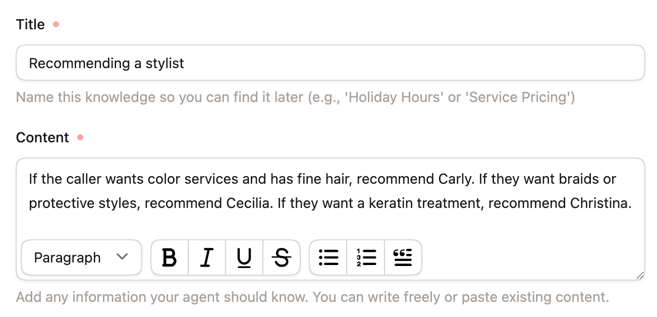 Screenshot showing a knowledge base entry where a building owner has specified to the receptionist how to recommend the right stylist 