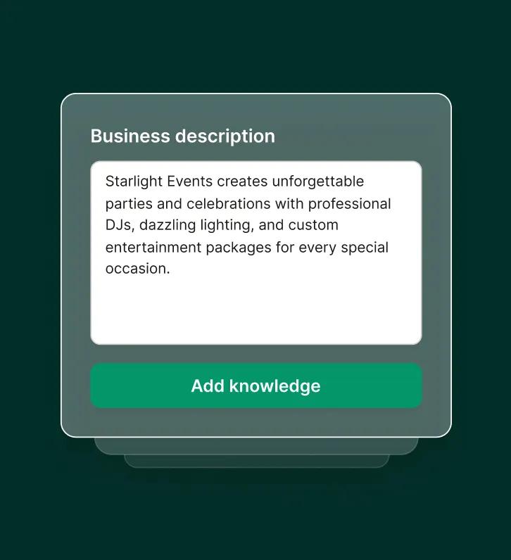 Screenshot of a business description box reading “Starlight Events creates unforgettable parties and celebrations with professional DJs, dazzling lighting, and custom entertainment packages for every special occasion.” for an answering service for entertainment companies.