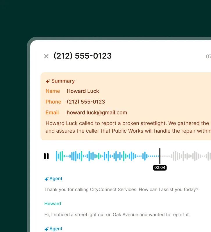 Call detail view displays a summary, contact info, and full transcript about a broken streetlight for a city answering service.