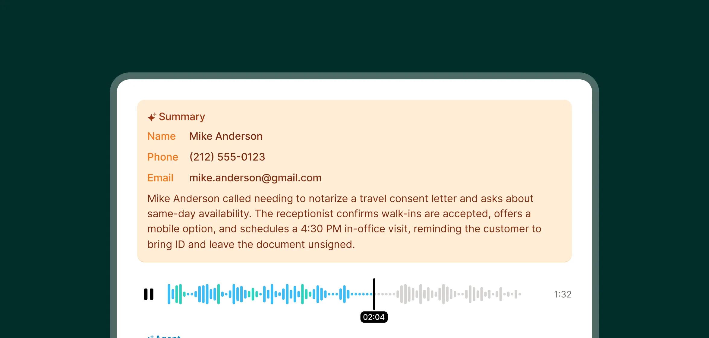 A notary answering service call summary lists the caller’s name, phone and email, noting walk-ins accepted, a mobile option, and a 4:30 PM in-office appointment with an ID reminder.