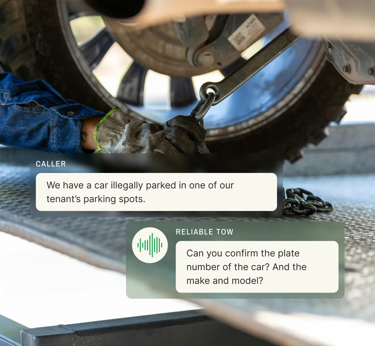 A towing company is getting a call from a property manager. Their message taking services takes down the details.