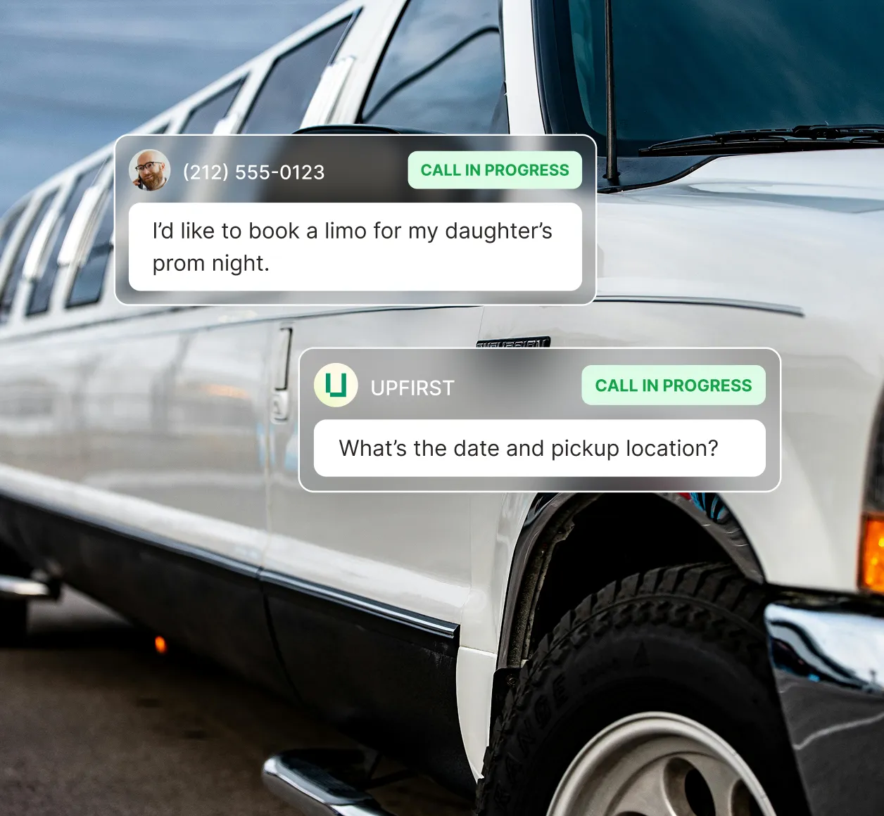 A stretch limo is shown up close as a caller requests a prom night booking and the answering service for limos asks for the date and pickup location.