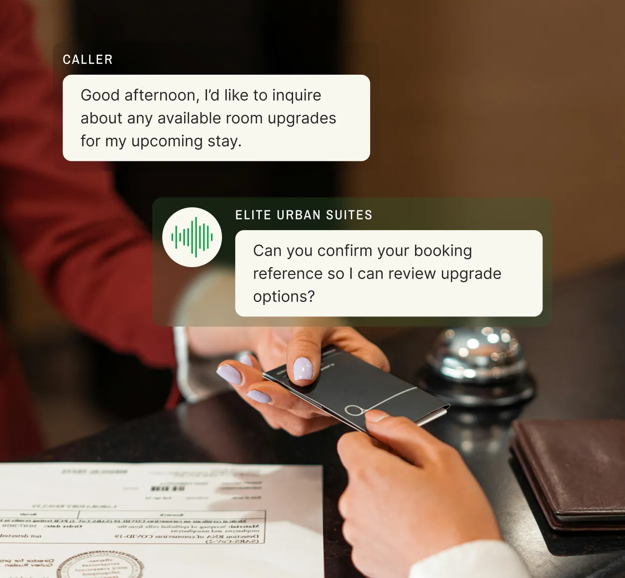 A hotel receptionist hands a key card to a guest at the front desk, with a text overlay showing a caller inquiring about room upgrades and the hotel answering service requesting a booking reference for upgrade options.