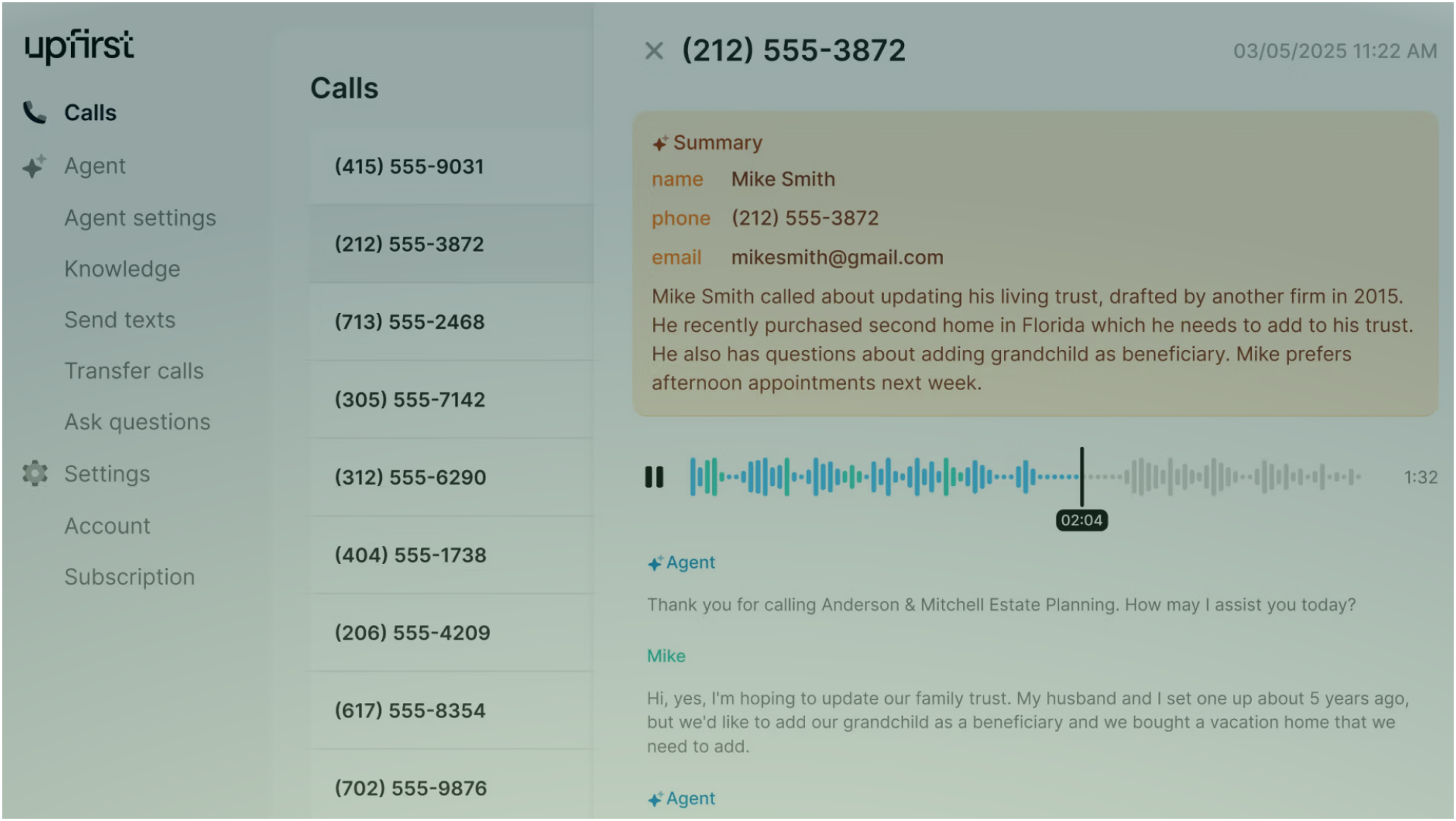 Upfirst dashboard showing an AI receptionist call summary with the caller's name, contact details, and recording for an estate planning firm.