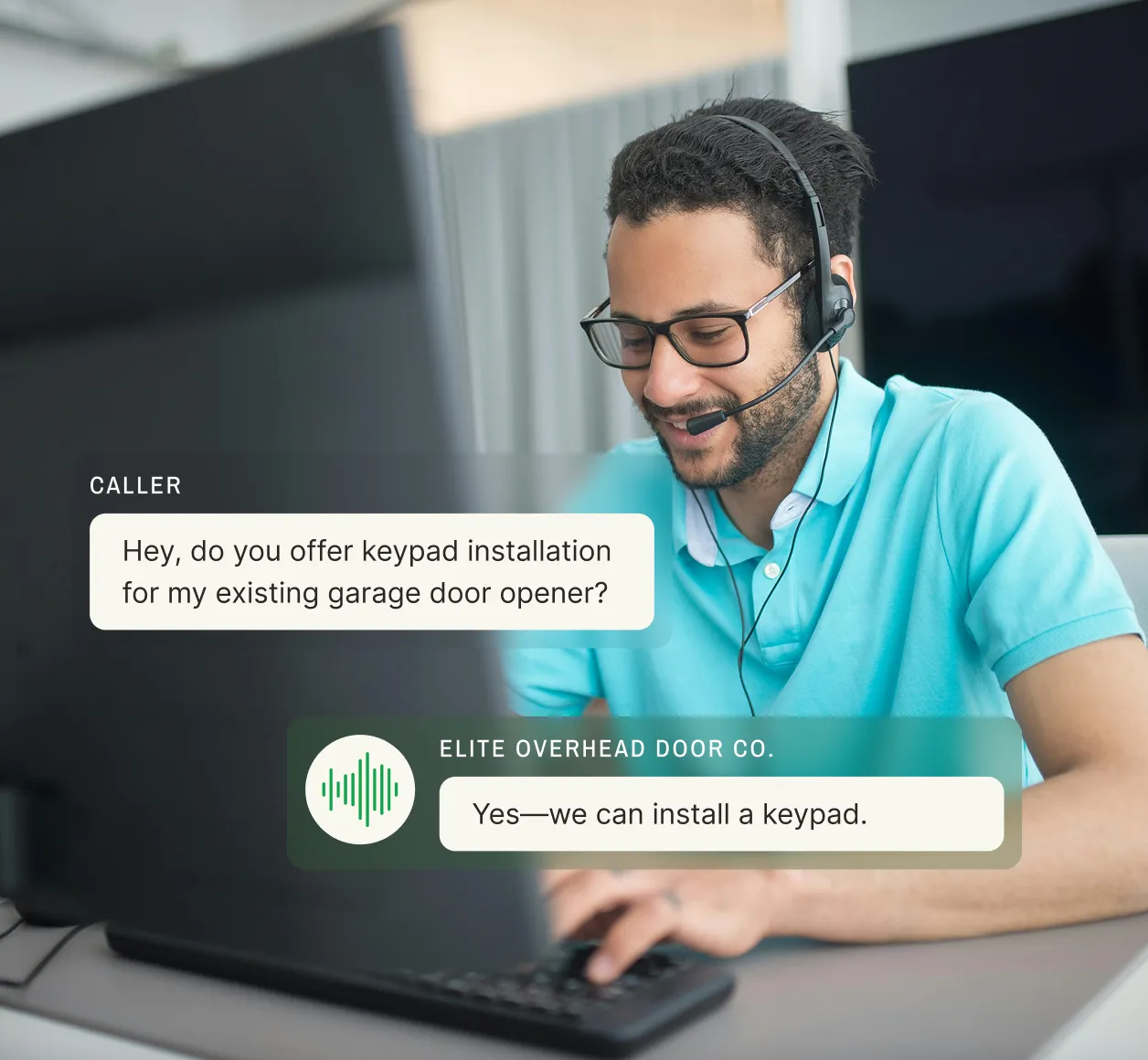 A text exchange shows a caller asking about keypad installation and a garage door phone answering service rep confirming they can install it.