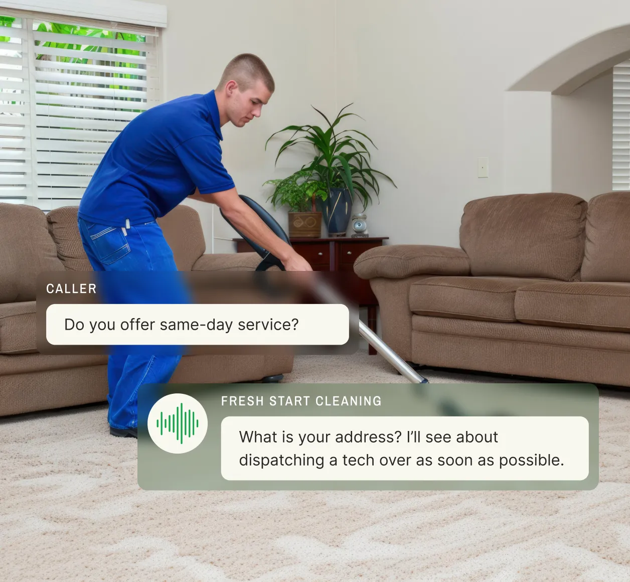 Professional carpet cleaner vacuuming couch with answering service chat overlay discussing same-day service availability