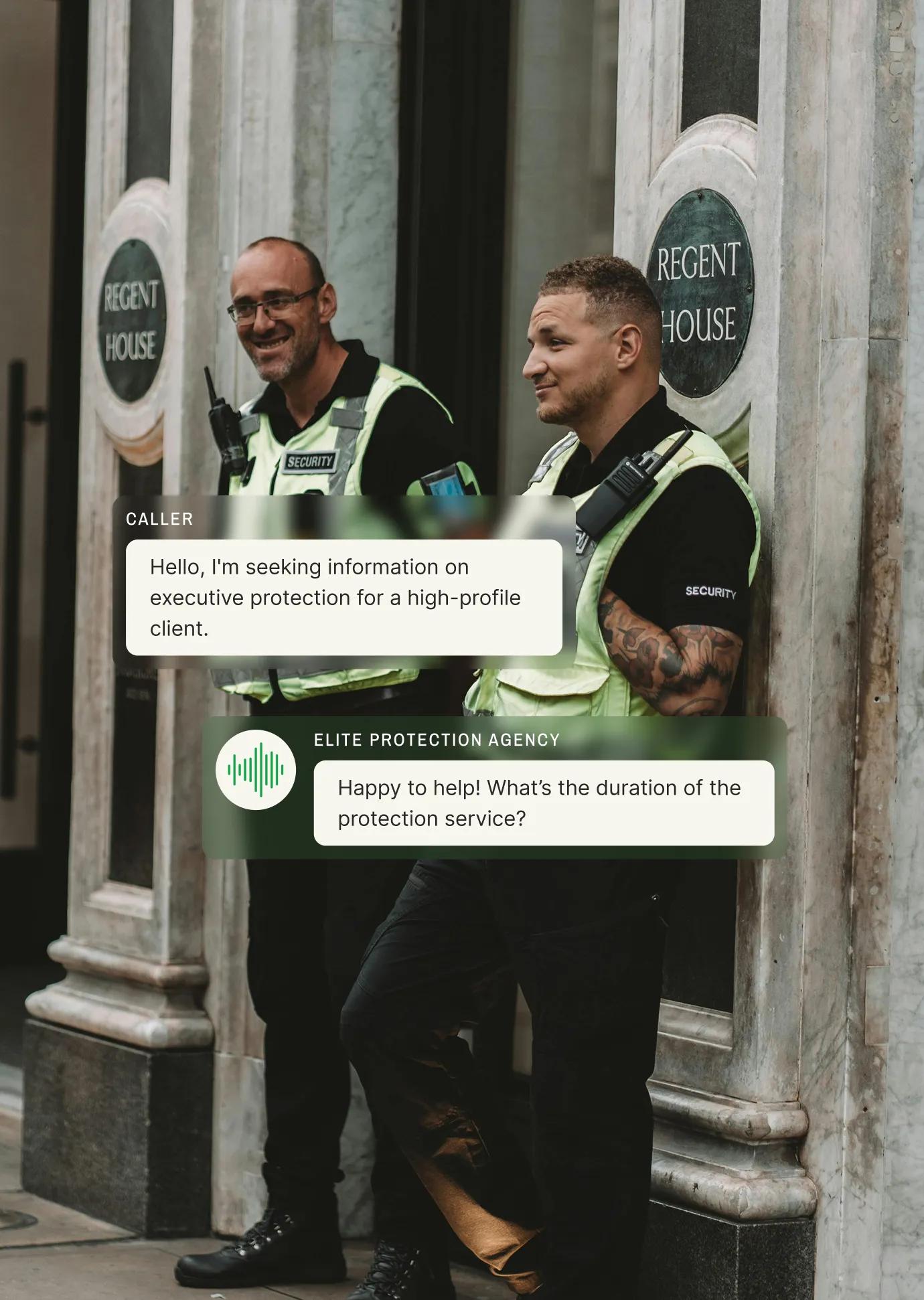 Two uniformed guards stand outside a building while a caller requests executive protection, illustrating a call answering service for security agencies.