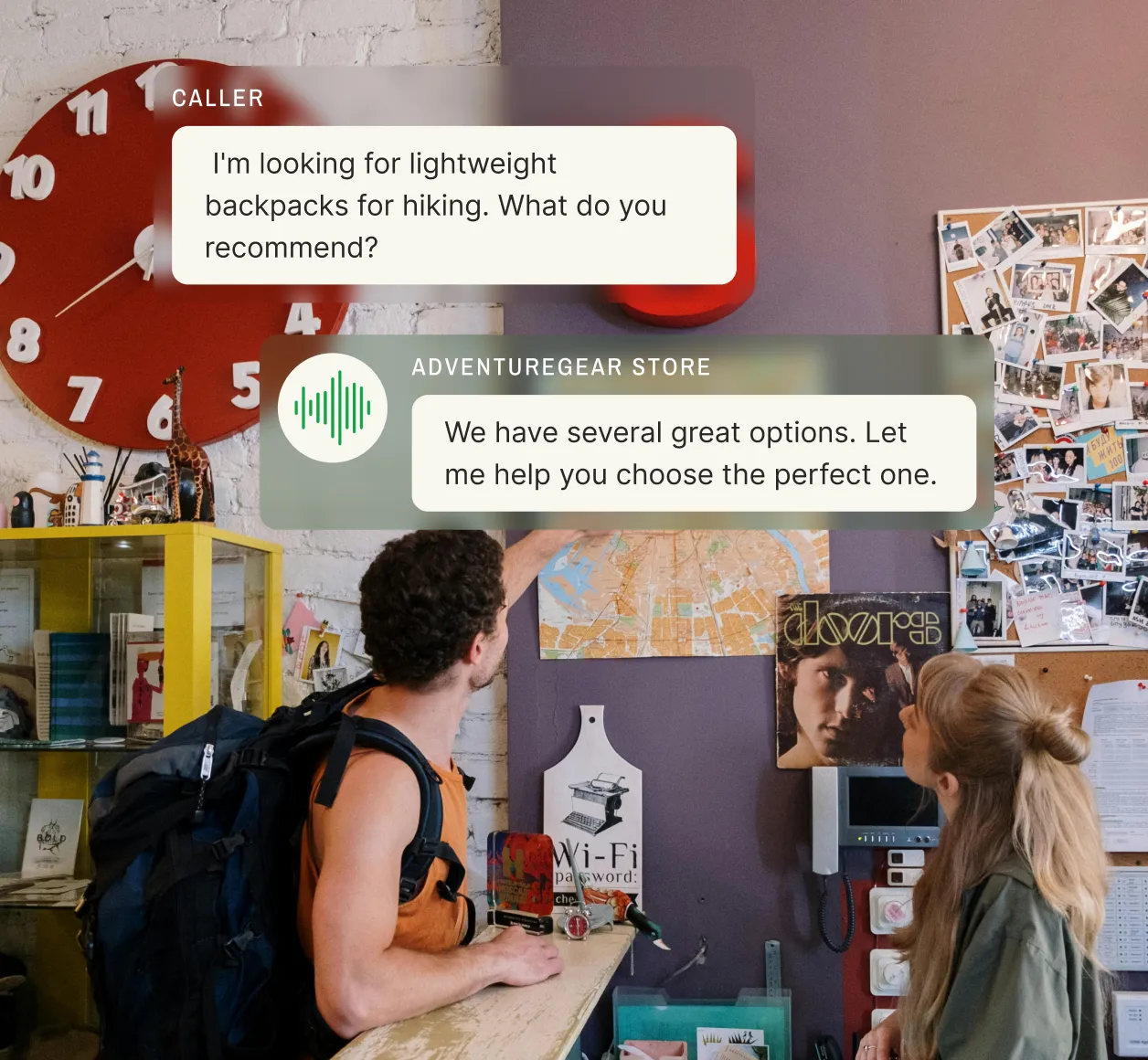 A customer discussing hiking backpacks with an inbound answering service providing recommendations for retail businesses.