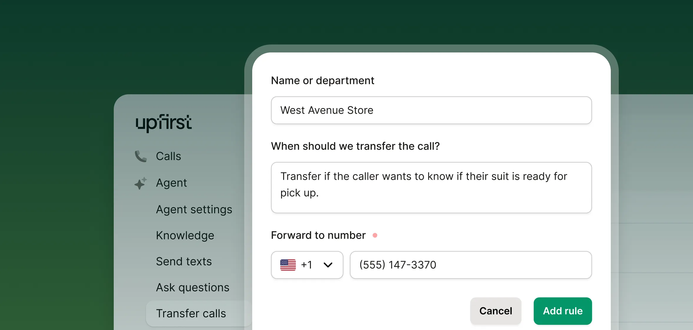 A tailor shop call answering service settings dialog shows a transfer‑call rule forwarding “suit ready for pickup” inquiries to a specified store number.