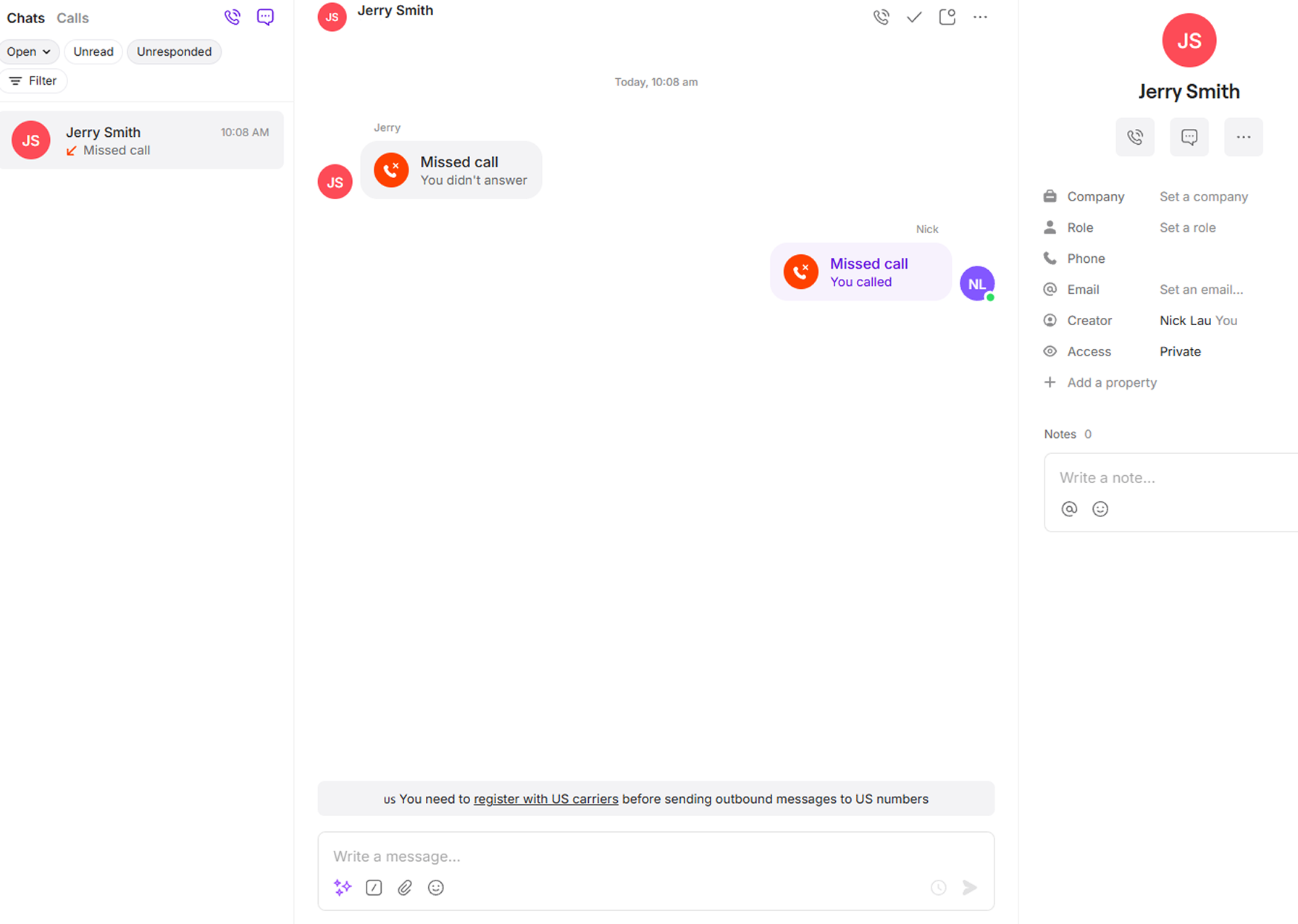 OpenPhone interface showing call transcription and messaging workspace.