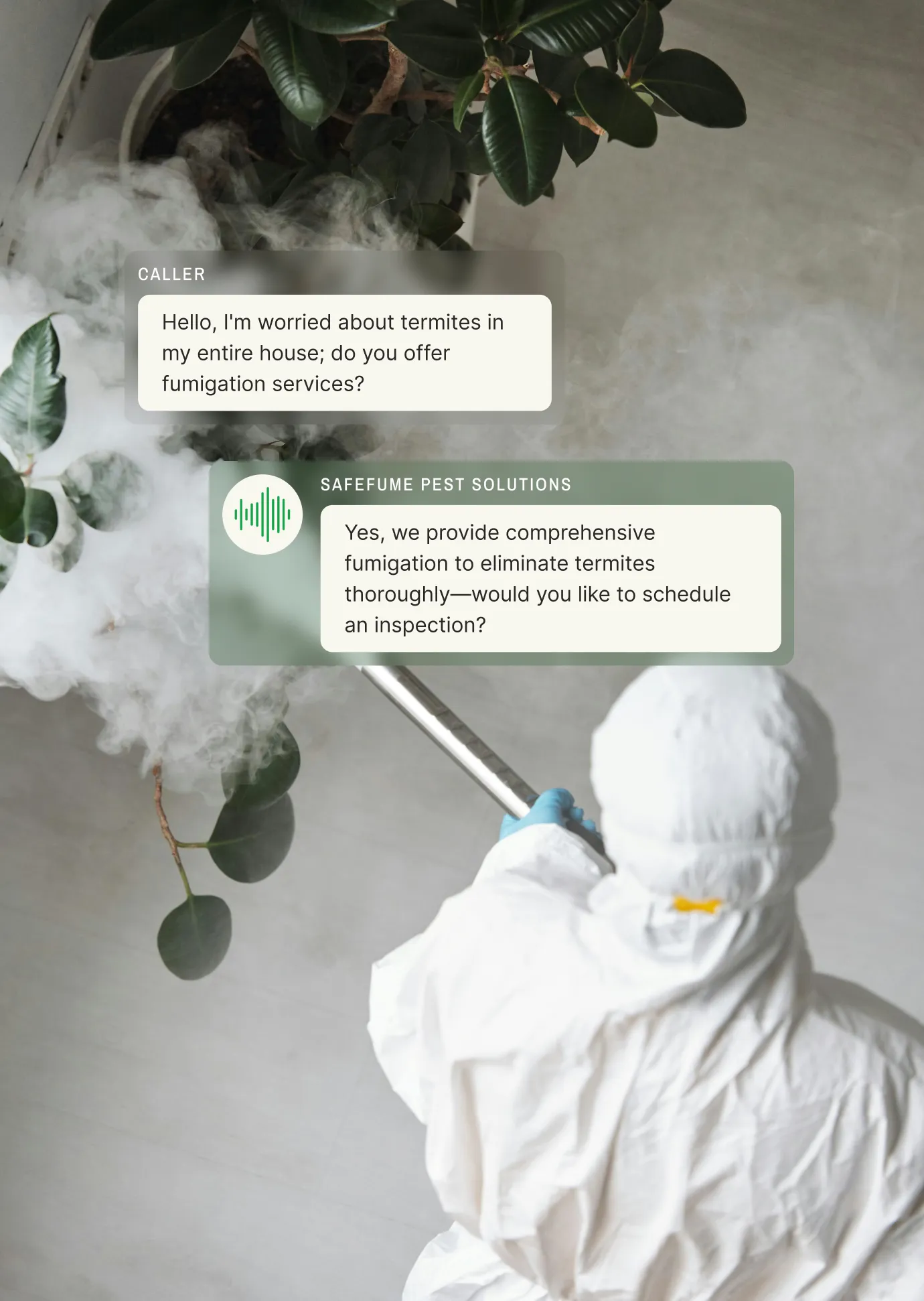 Feature image for a pest control answering service showcasing professional fumigation services for termites, emphasizing thorough and comprehensive treatment.