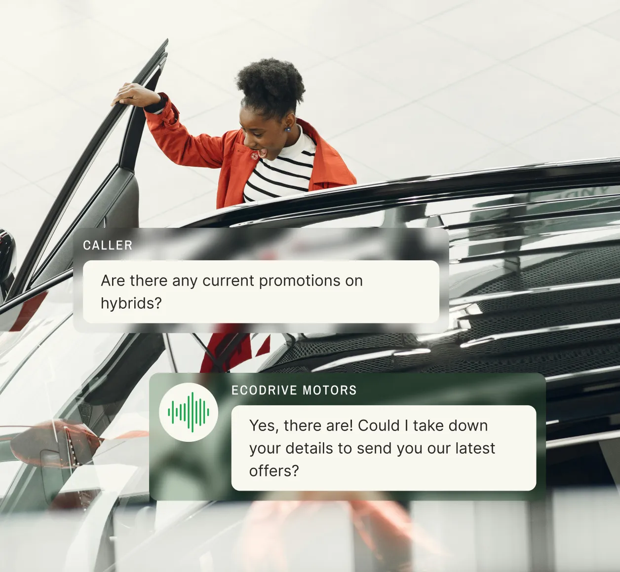 A customer inquires about hybrid vehicle promotions, and an automotive answering service requests their details for offers.