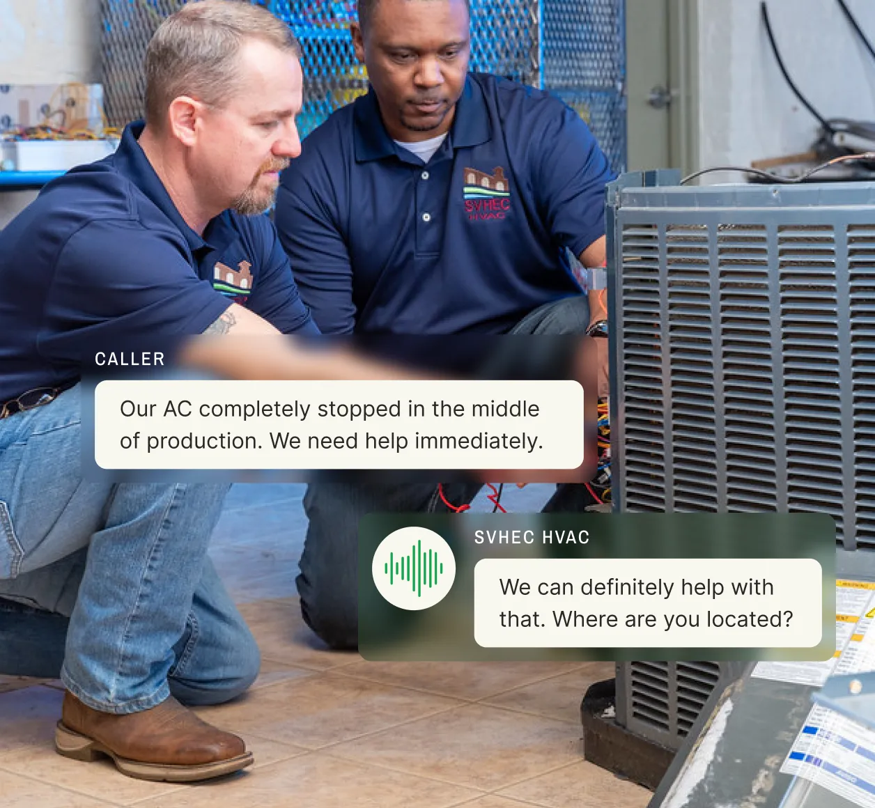 Two SVHEC HVAC technicians examining an AC unit while the company's answering service manages an emergency service request for a stopped system