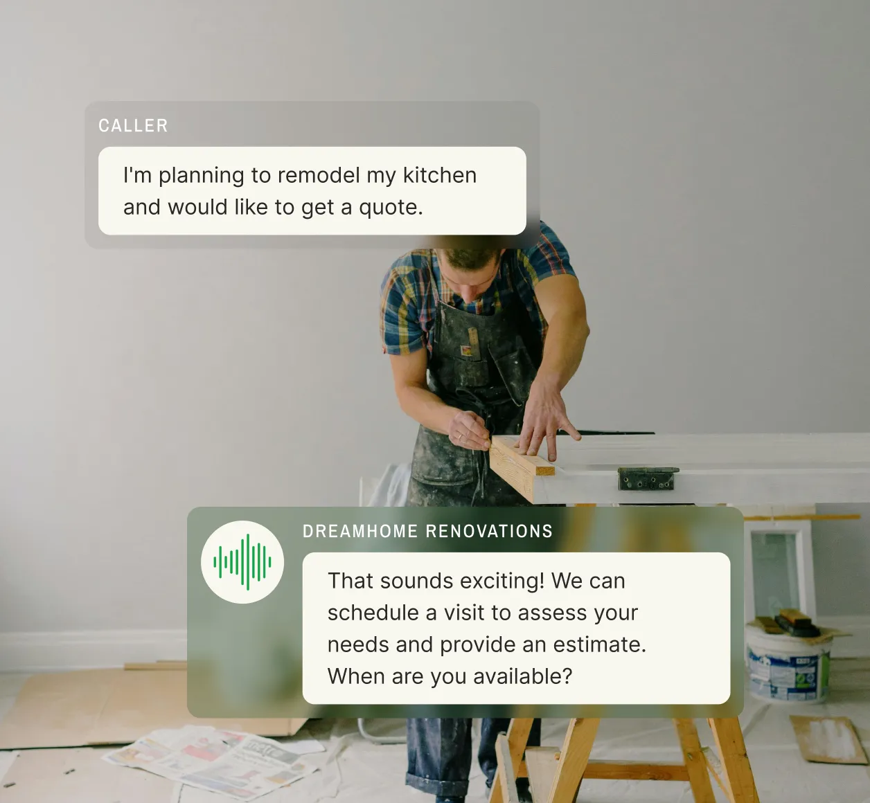 A contractor measures wood for a home renovation project, showing how a phone message service helps streamline scheduling.
