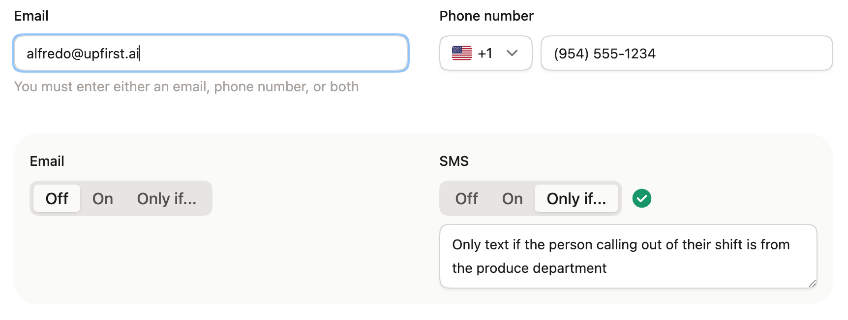 Screenshot of Upfirst's conditional notification features showing the way that you can email or text different departments depending on who is the employee calling out 