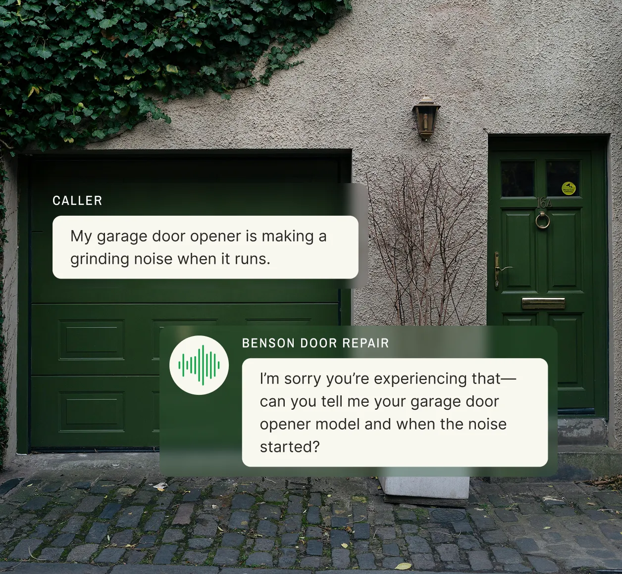 A text exchange shows a caller reporting a grinding noise from the opener and a garage door phone answering service rep asking for the model and when the noise started.