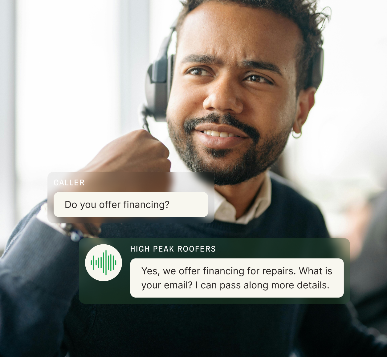 "Roofing company representative using answering service platform to explain financing options to potential customer