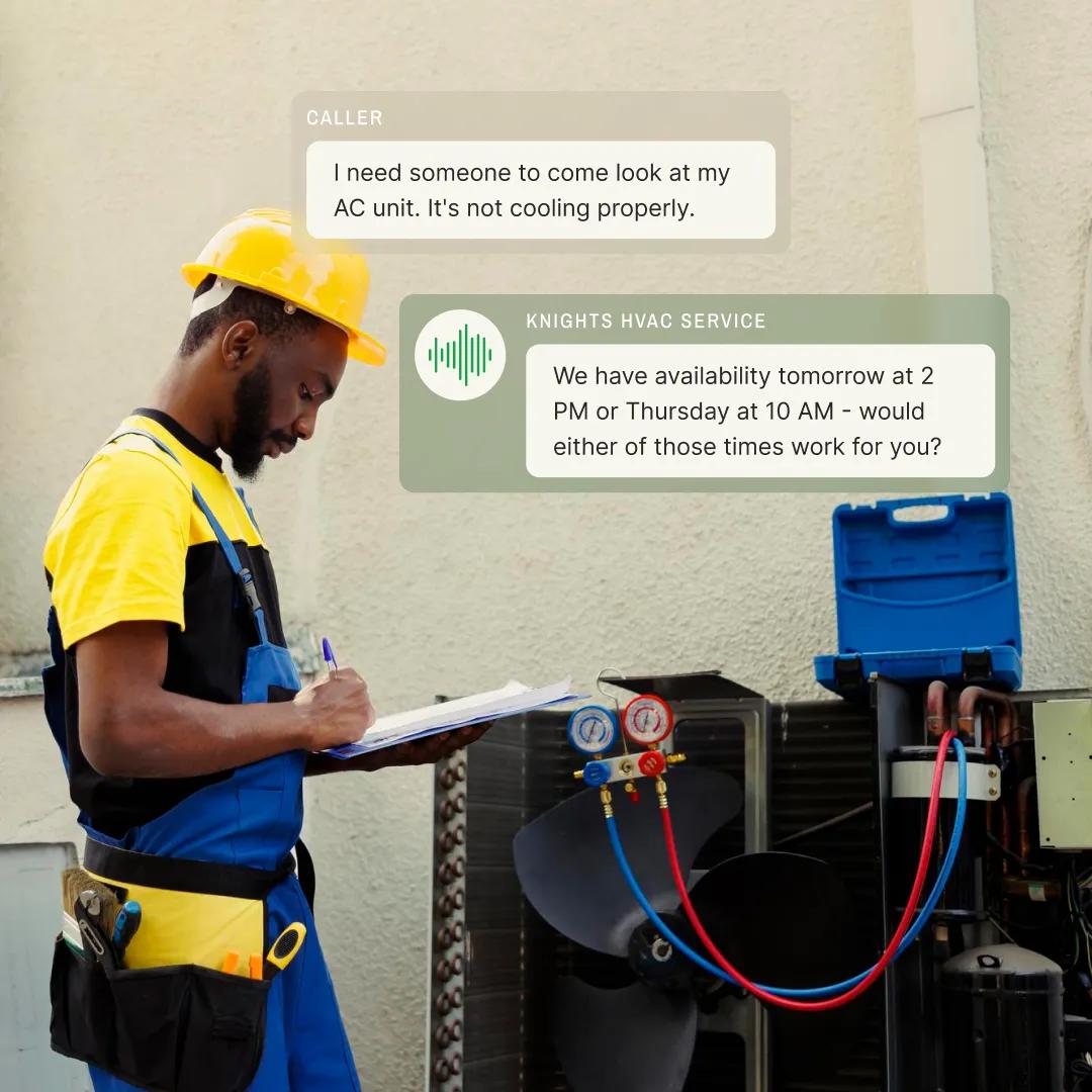 Contractor phone answering service providing time slots to a caller to fix an AC unit.