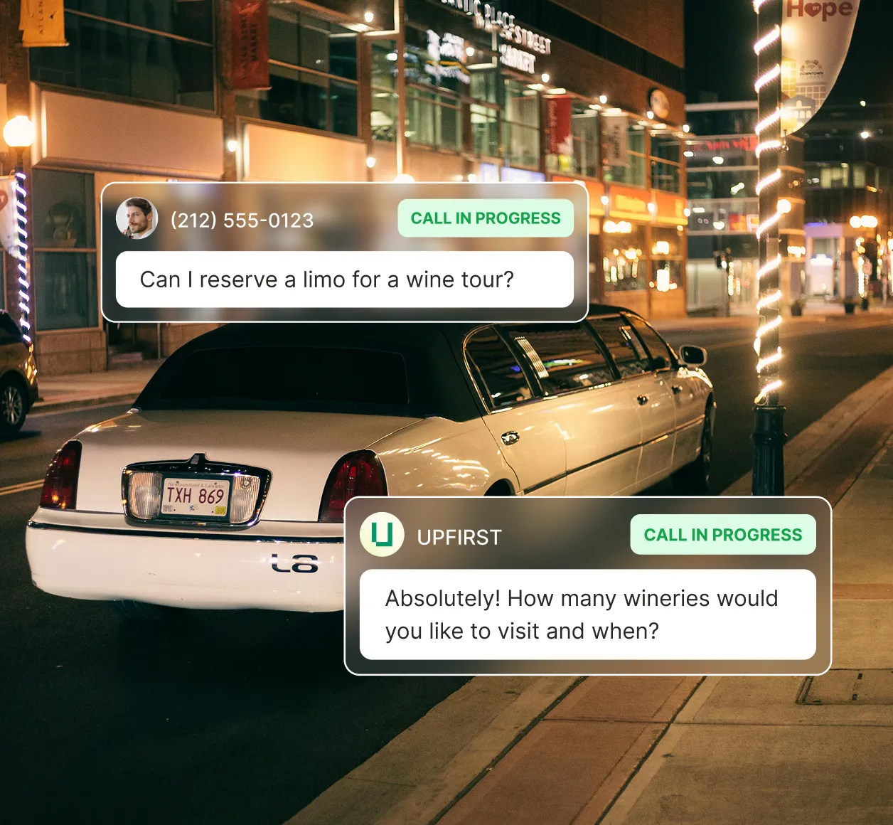 A white stretch limo sits on a city street as a caller asks to reserve a wine tour and the answering service for limousine companies asks how many wineries they plan to visit.
