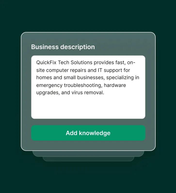 A business profile for a computer repair answering service describes on-site IT support for homes and small businesses including virus removal and emergency repairs.