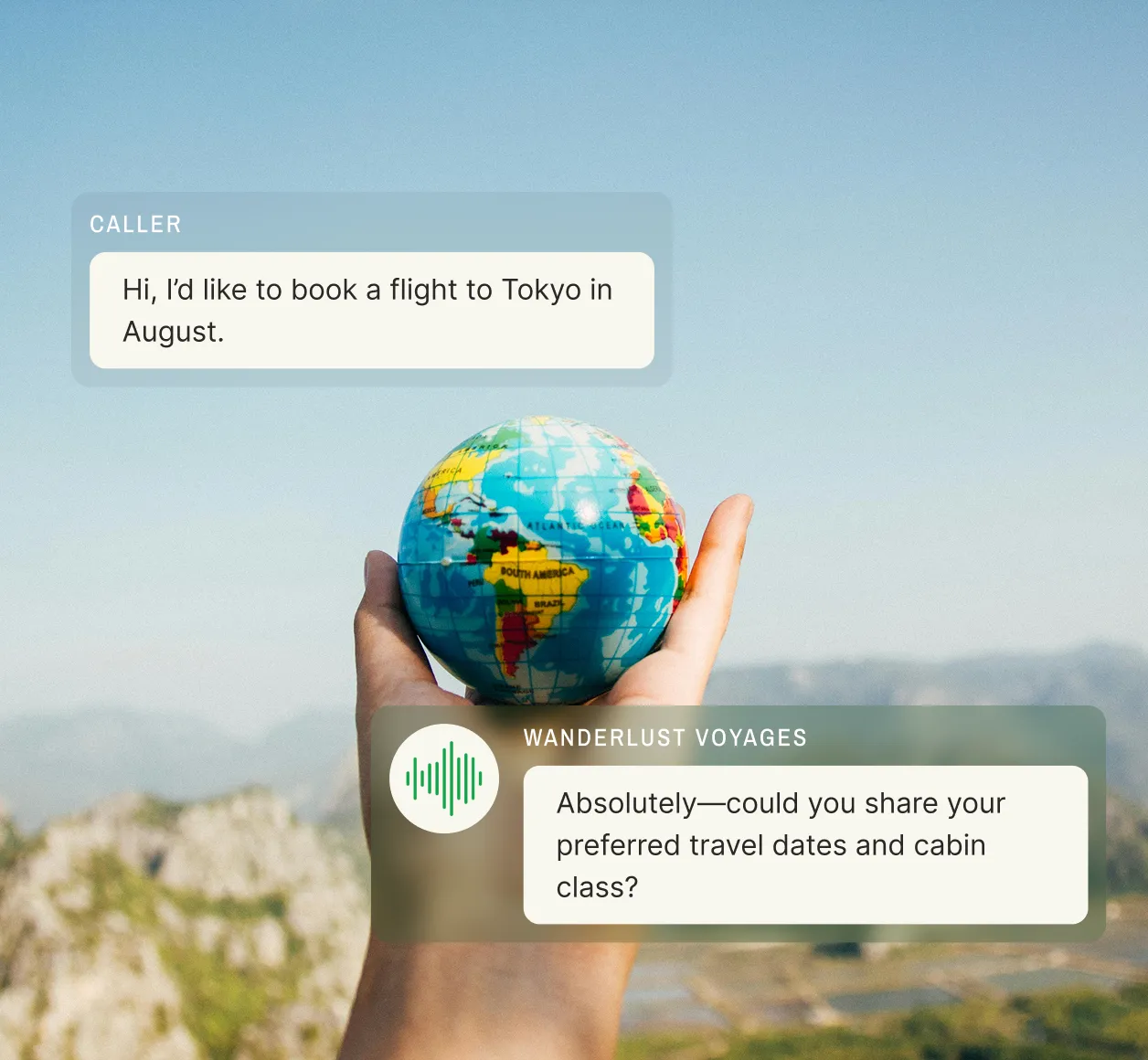 An answering service for travel agents handles a call where the caller requests a flight to Tokyo in August and the agent asks for travel dates and cabin class.
