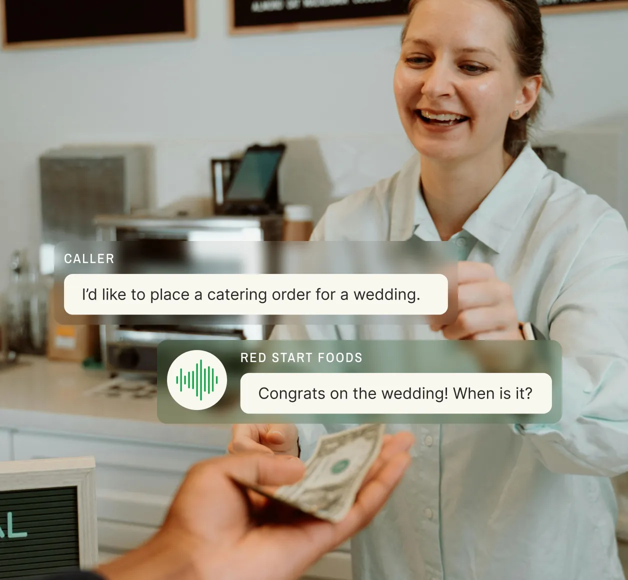 Customer placing wedding catering order through professional order taking service
