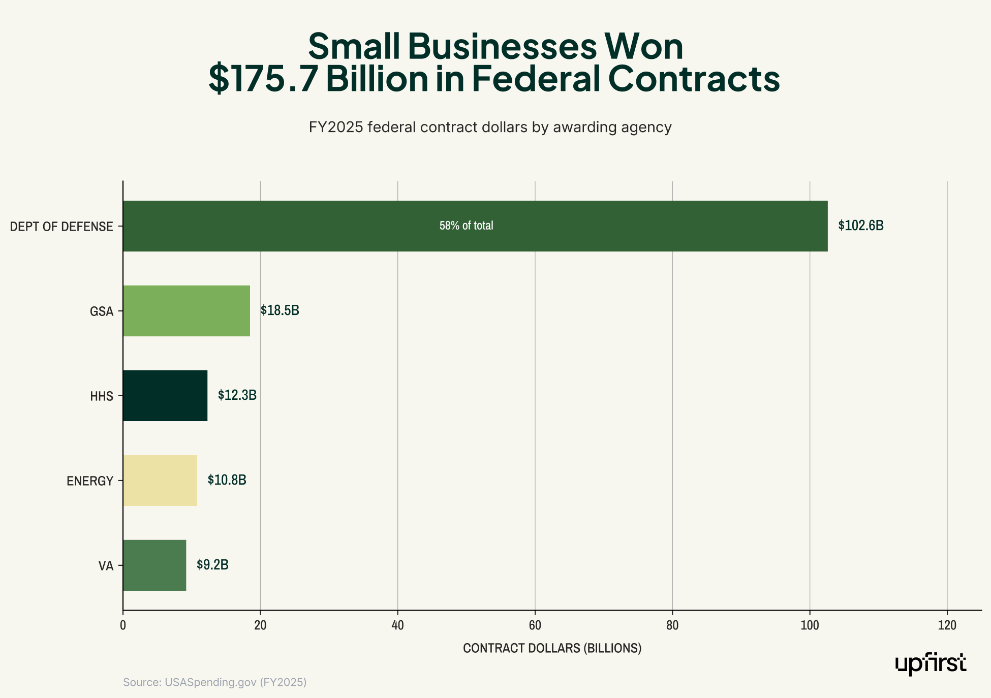 Small business statistics for federal contract awards in FY2025: businesses won $175.7 billion total, with Department of Defense leading at $102.6B (58%), followed by GSA at $18.5B, HHS at $12.3B, Energy at $10.8B, and VA at $9.2B.