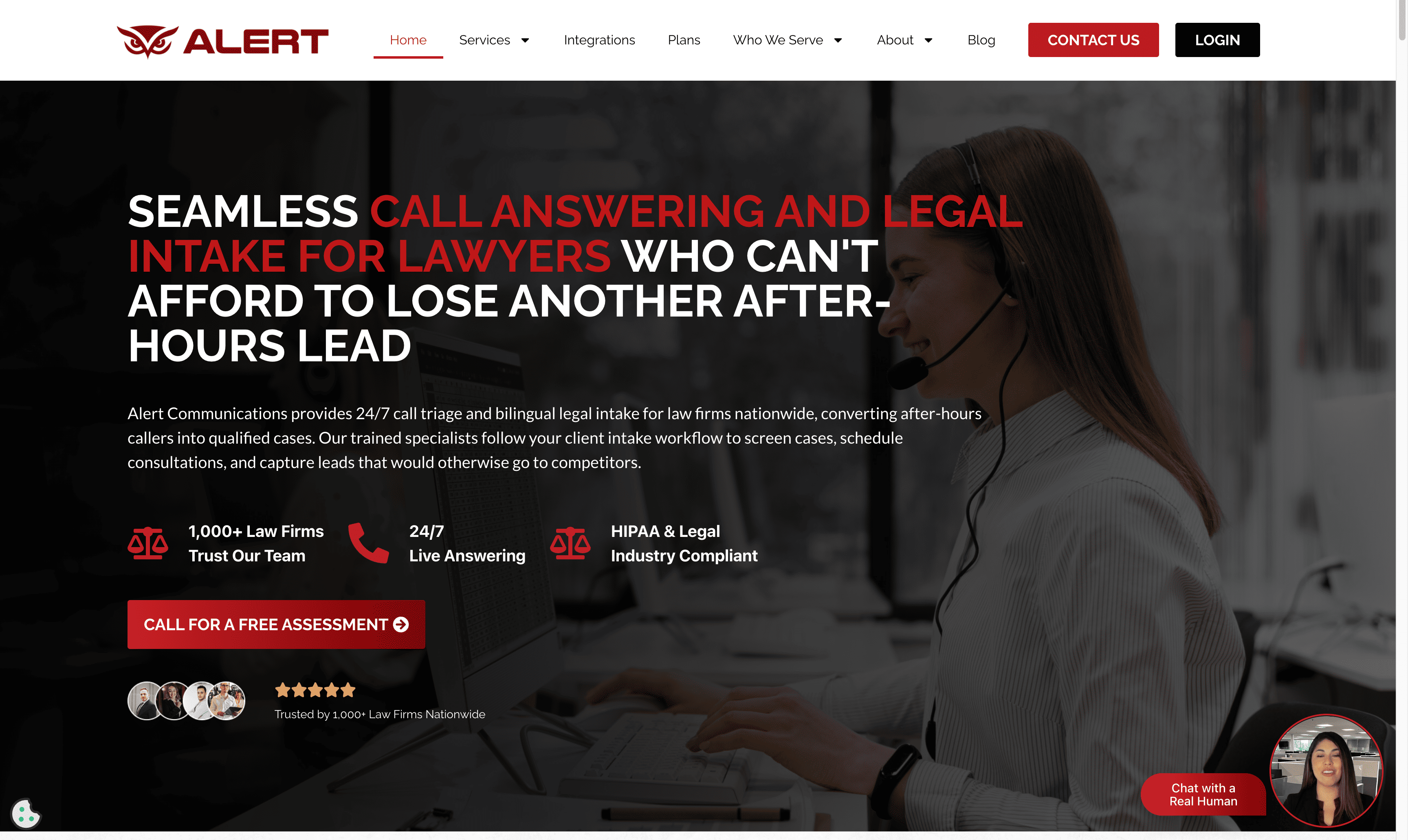 Alert Communications homepage describing 24/7 call triage and bilingual legal intake for law firms