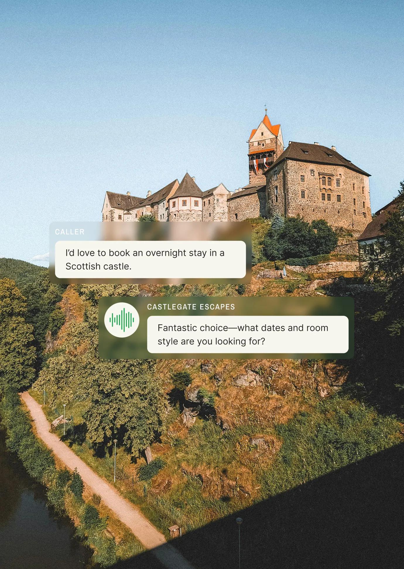 An answering service for travel agents responds to a caller wanting an overnight stay in a Scottish castle by asking for dates and room style.