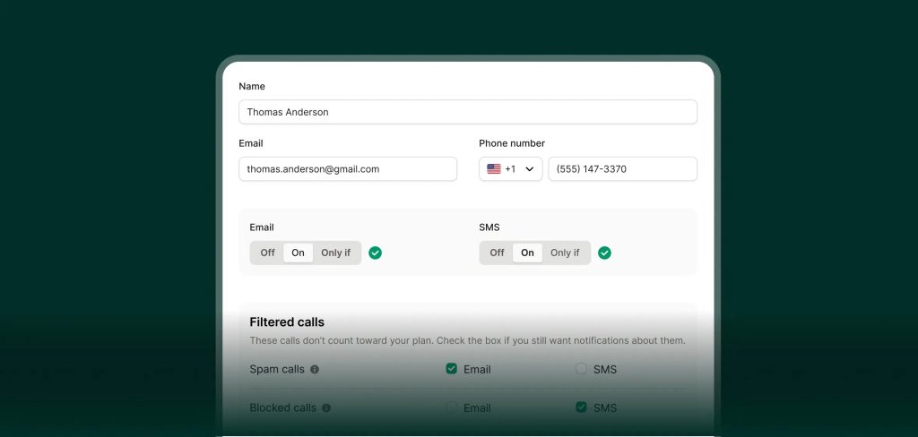 AI receptionist with call summaries contact form for Thomas Anderson with filtered spam and blocked call notification preferences.