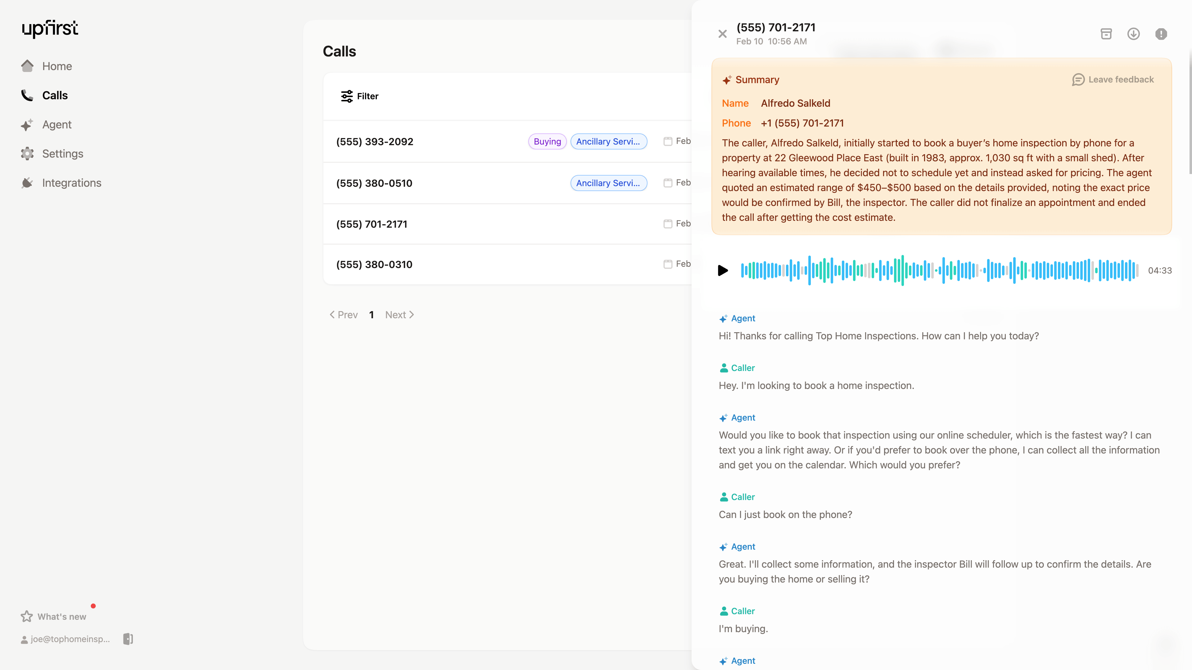 Screenshot of Upfirst AI receptionist